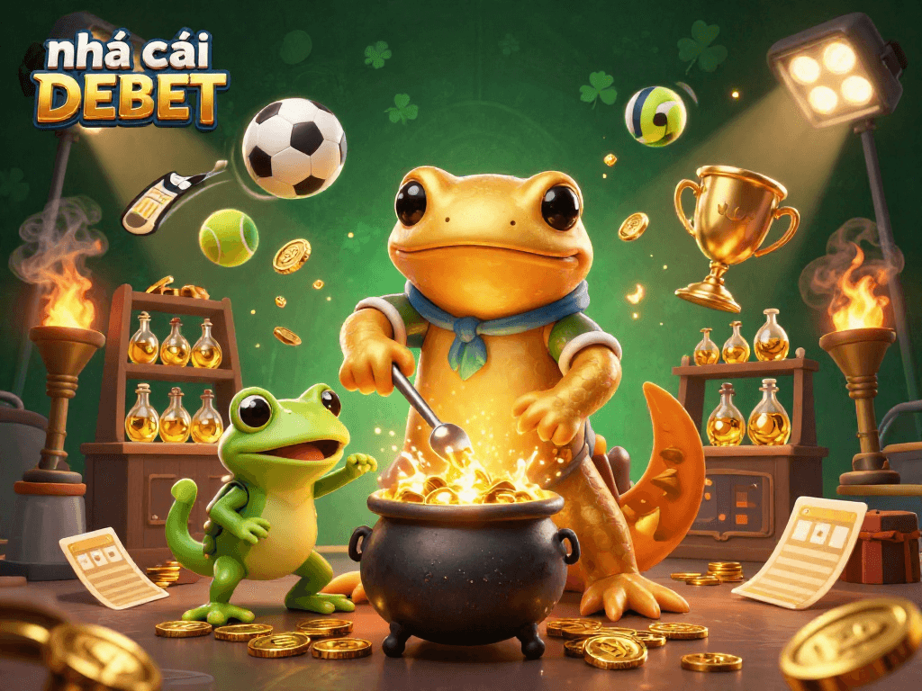 Engaging illustration of nhà cái DEBET showcasing a whimsical alchemy scene with sports betting elements.