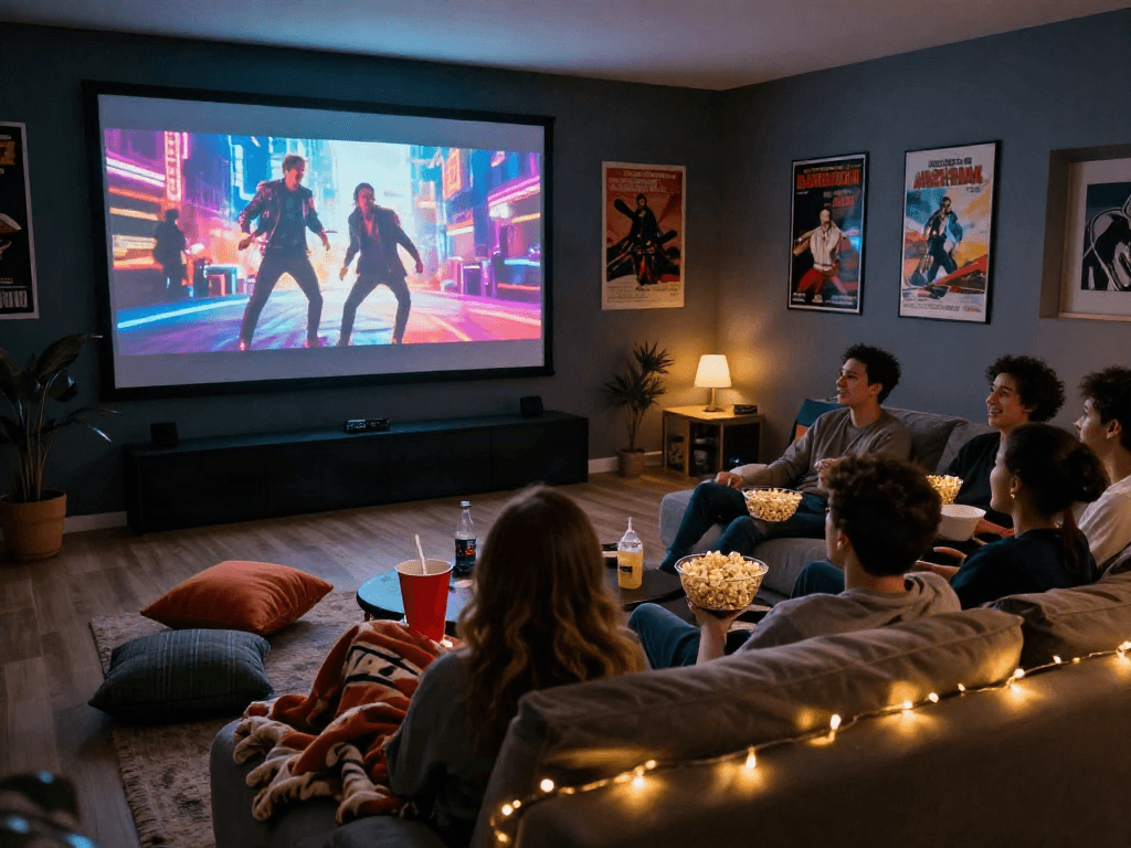 Enjoying a movie night with Moviebox in a cozy home theater