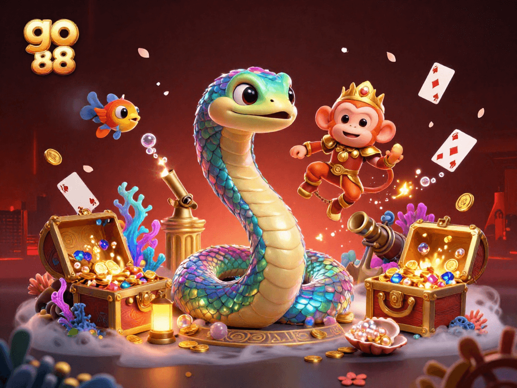 Engage with go 88 through vibrant 3D casino elements featuring a rainbow serpent and playful monkey king.