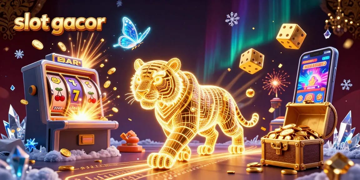 Menghadirkan slot gacor dalam ilustrasi kasino digital 3D yang dinamis dan berwarna.