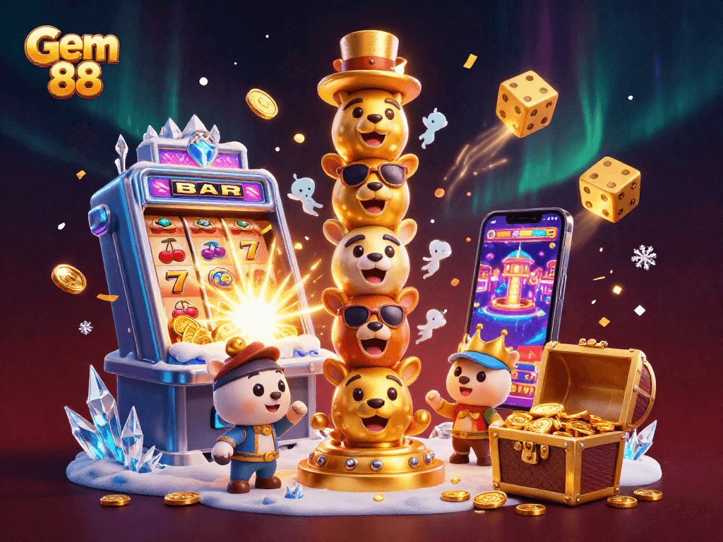 Spin the reels and win big at Gem 88 with vibrant 3D casino illustration and exciting gaming elements.