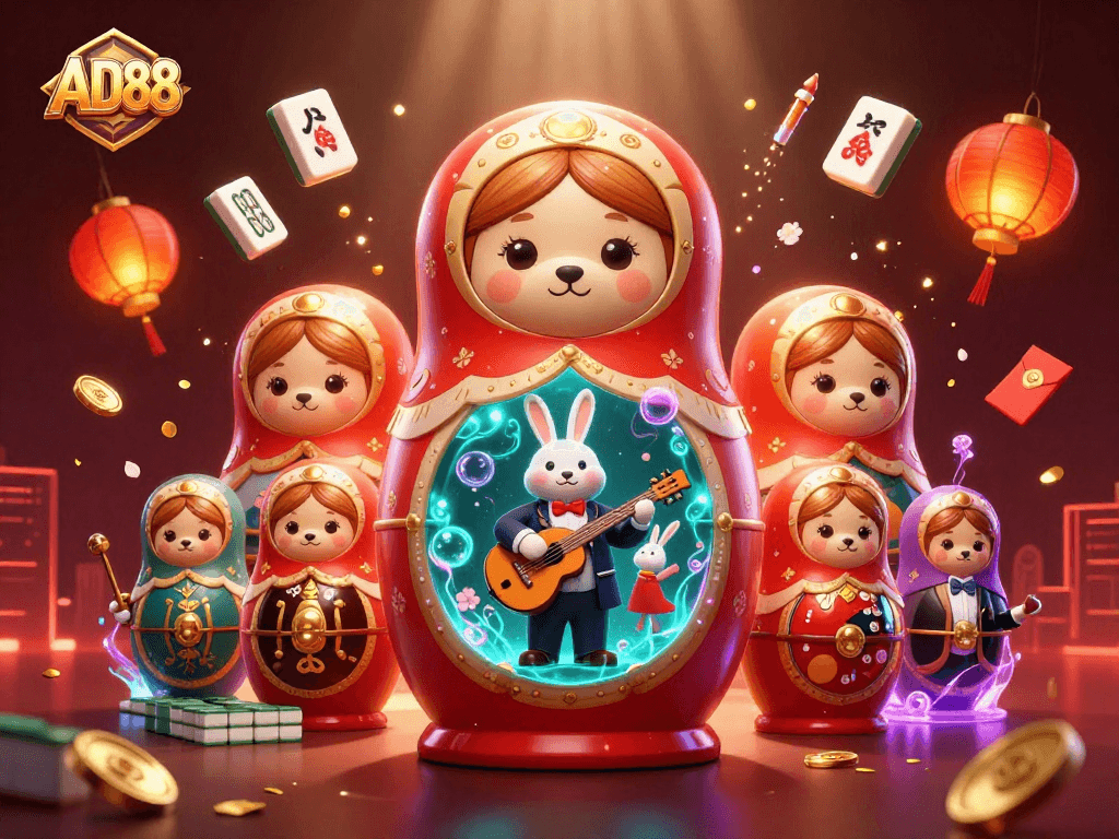 AD88 reveals an exciting online casino scene, showcasing lively characters and casino elements.