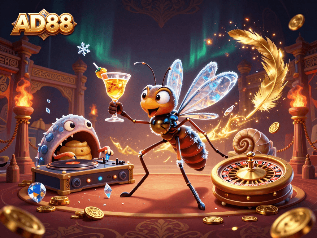 Experience AD88's vibrant 3D casino scene with characters engaging in high-stakes fun, surrounded by golden gaming elements.