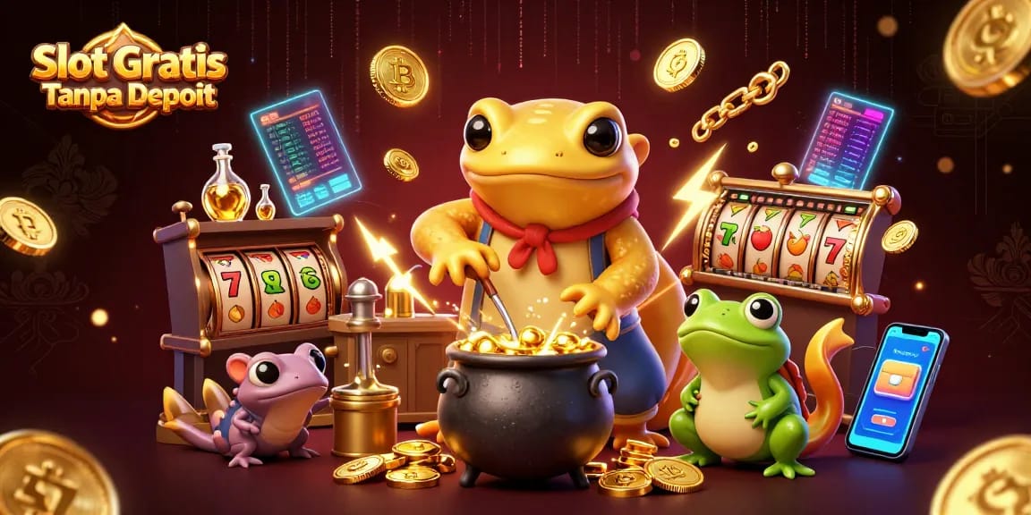 Engage with Slot Gratis Tanpa Deposit through vibrant slot reels and gold coins in a captivating casino scene.