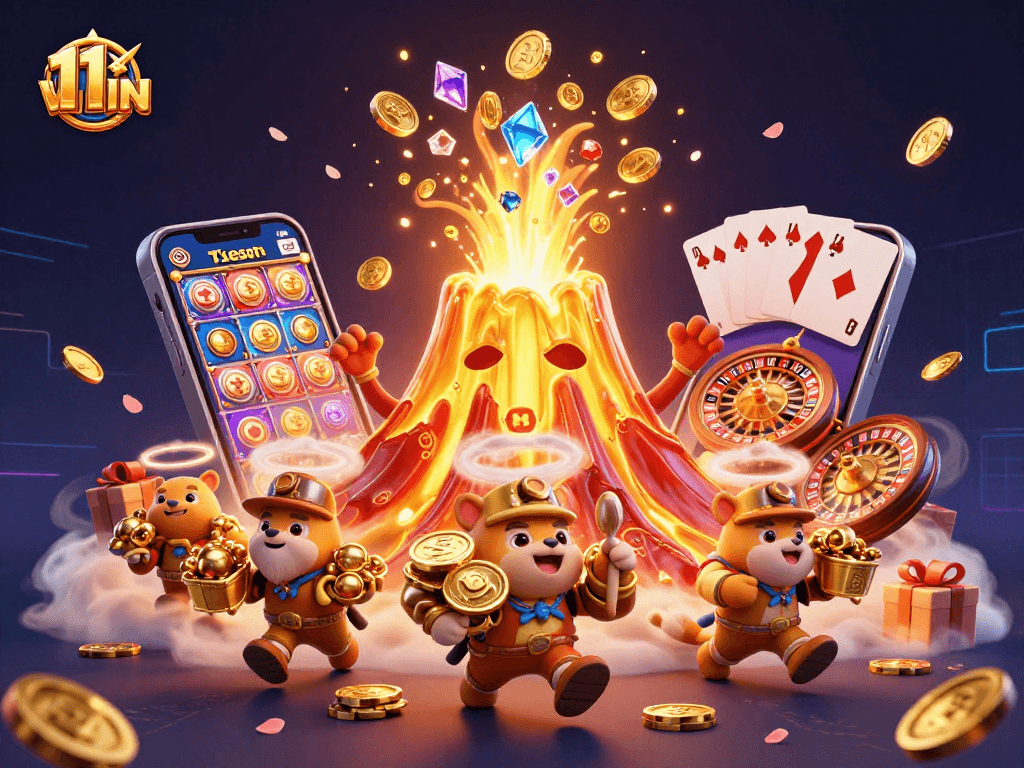 Experience thrilling gameplay with 11 WIN, featuring a golden volcano erupting treasures and dynamic casino elements.