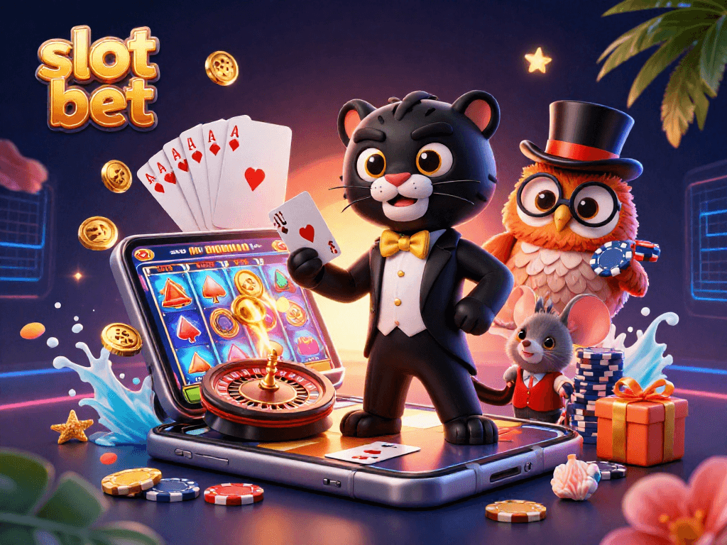 Menang jackpot di situs slot bet dengan karakter kartun panther dan owl dalam suasana kasino.