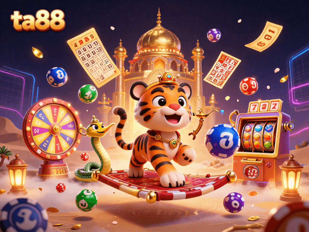 Win big at ta88 with a vibrant 3D casino scene featuring a sultan, genie, and dynamic gaming elements.