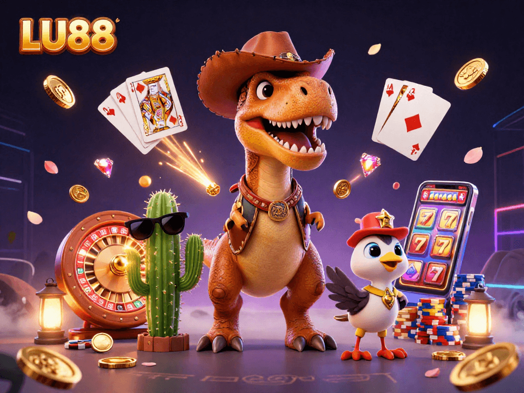 LU88 brings excitement with a dynamic dinosaur cowboy and casino elements in a thrilling scene.