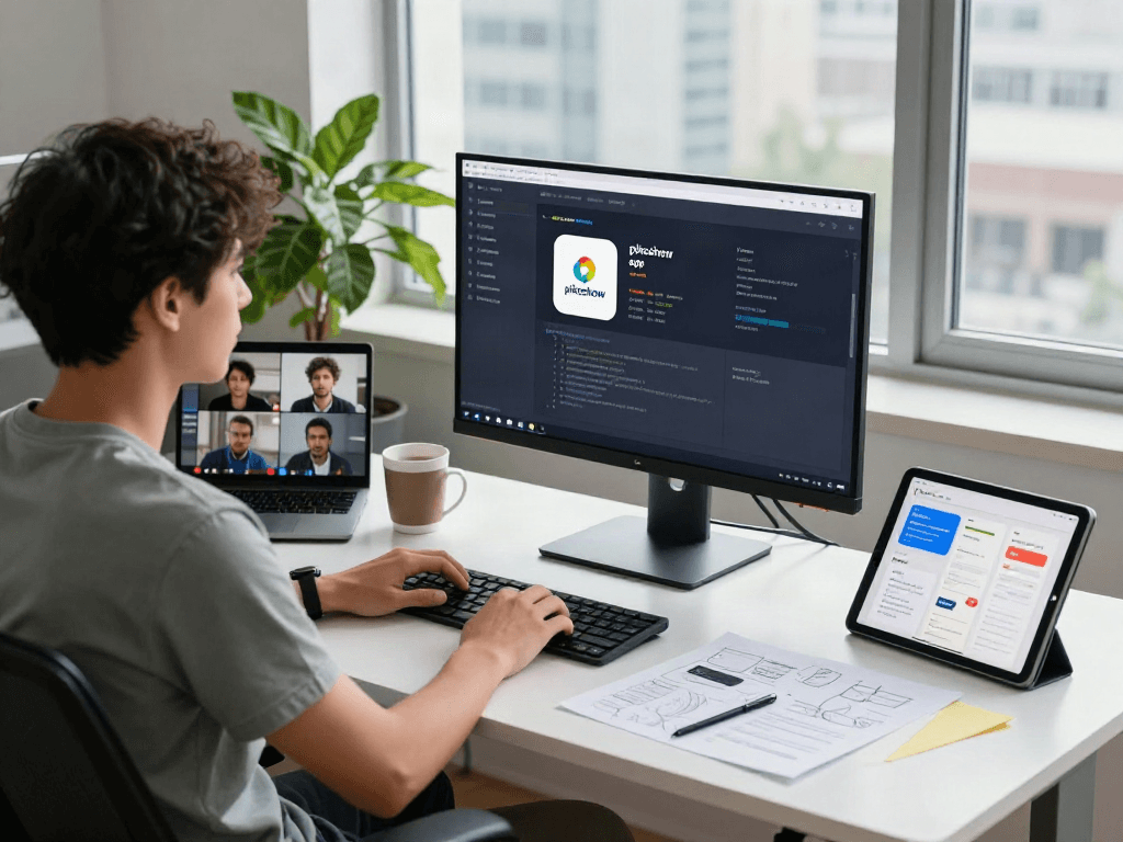 Developer coding the pikashow apk in a modern workspace with dual monitors and coffee.