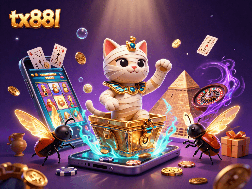 Experience tx88l's vibrant gaming world with a 3D mummy cat and casino games.