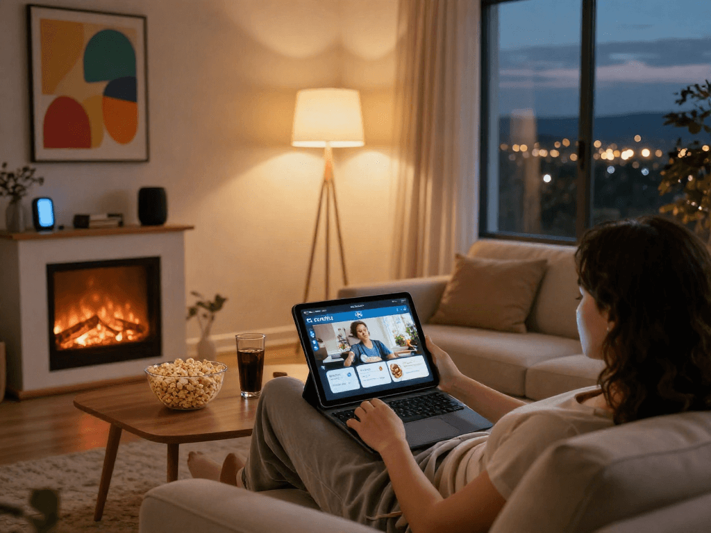 Cocoflix user relaxing in a cozy living room streaming entertainment on tablet