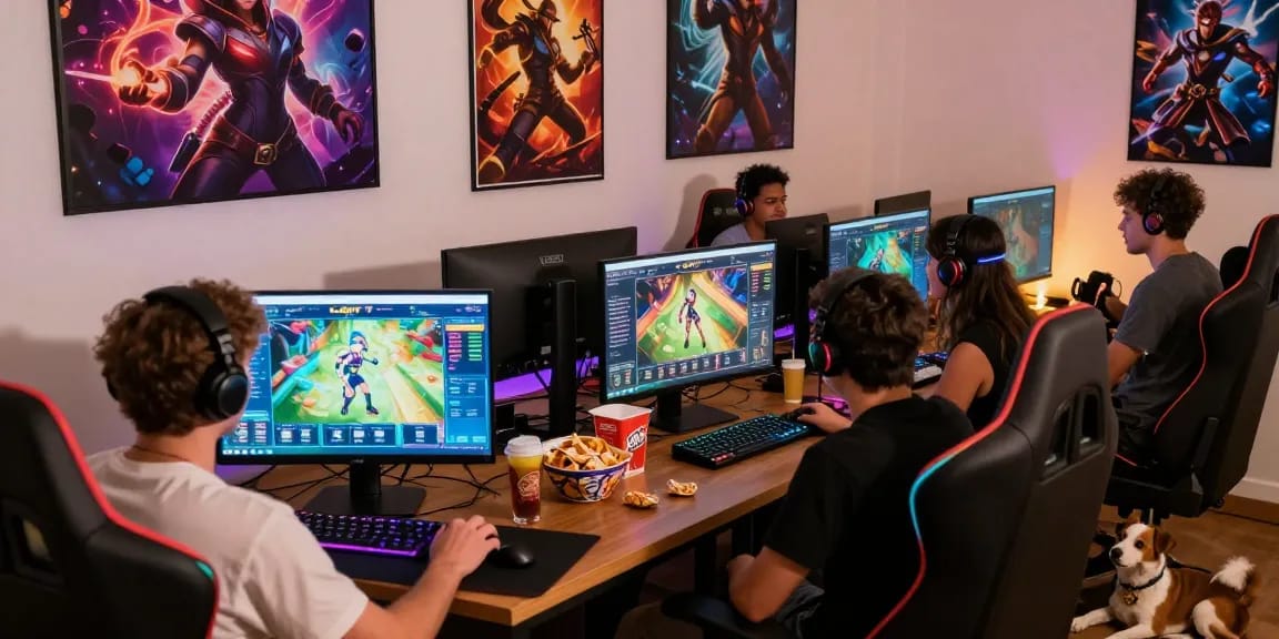 Exciting lucky77 gaming scene with friends, colorful monitors, and a dog.