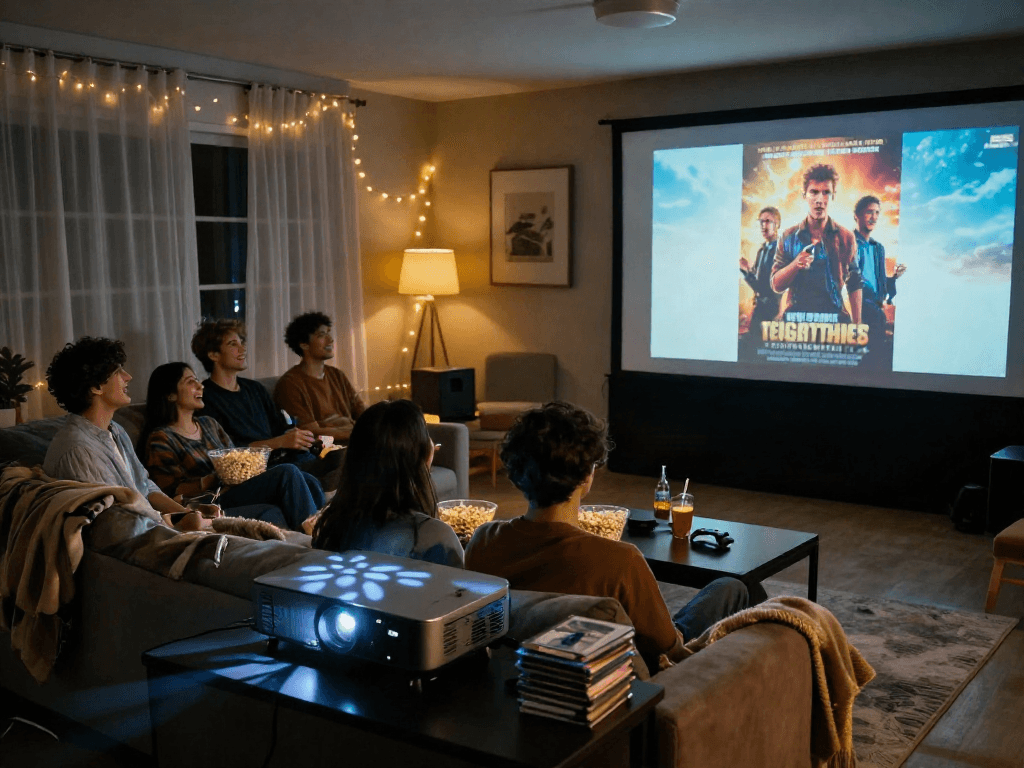 Friends enjoying a movie night in a cozy home theater while discussing filmyzilla films.