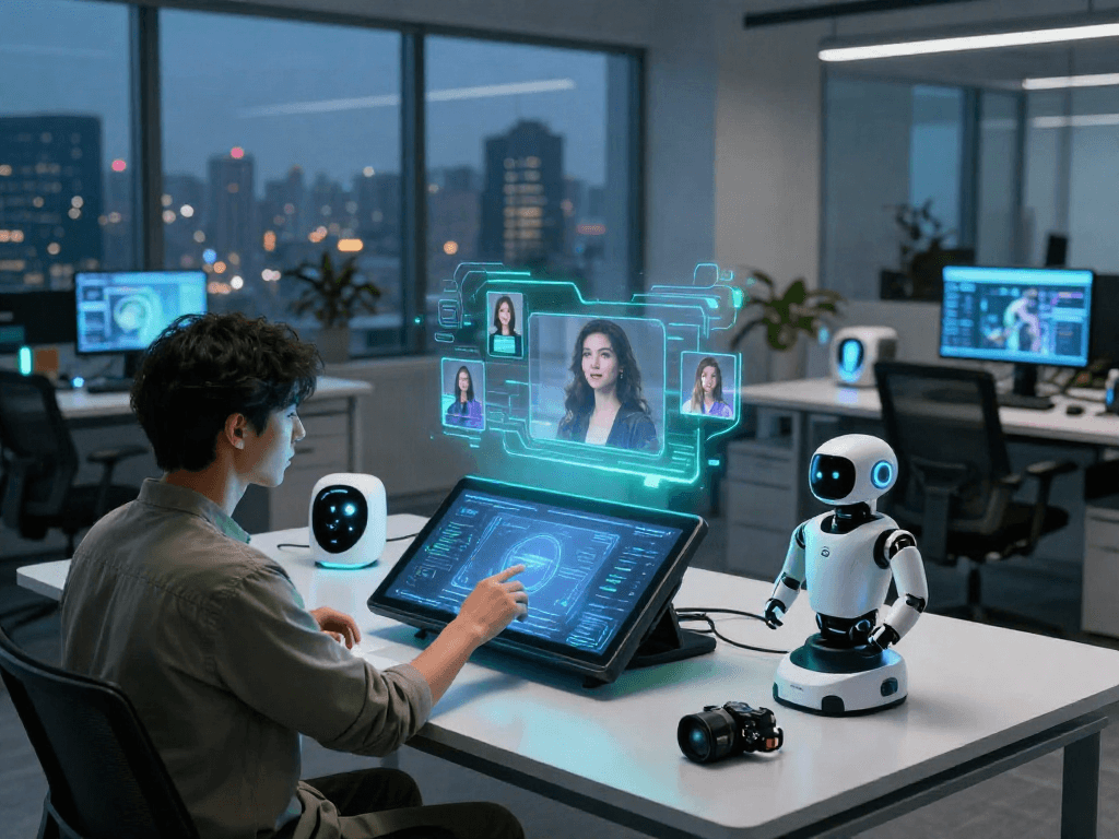 Person interacting with an innovative sex bot interface in a modern tech workspace.