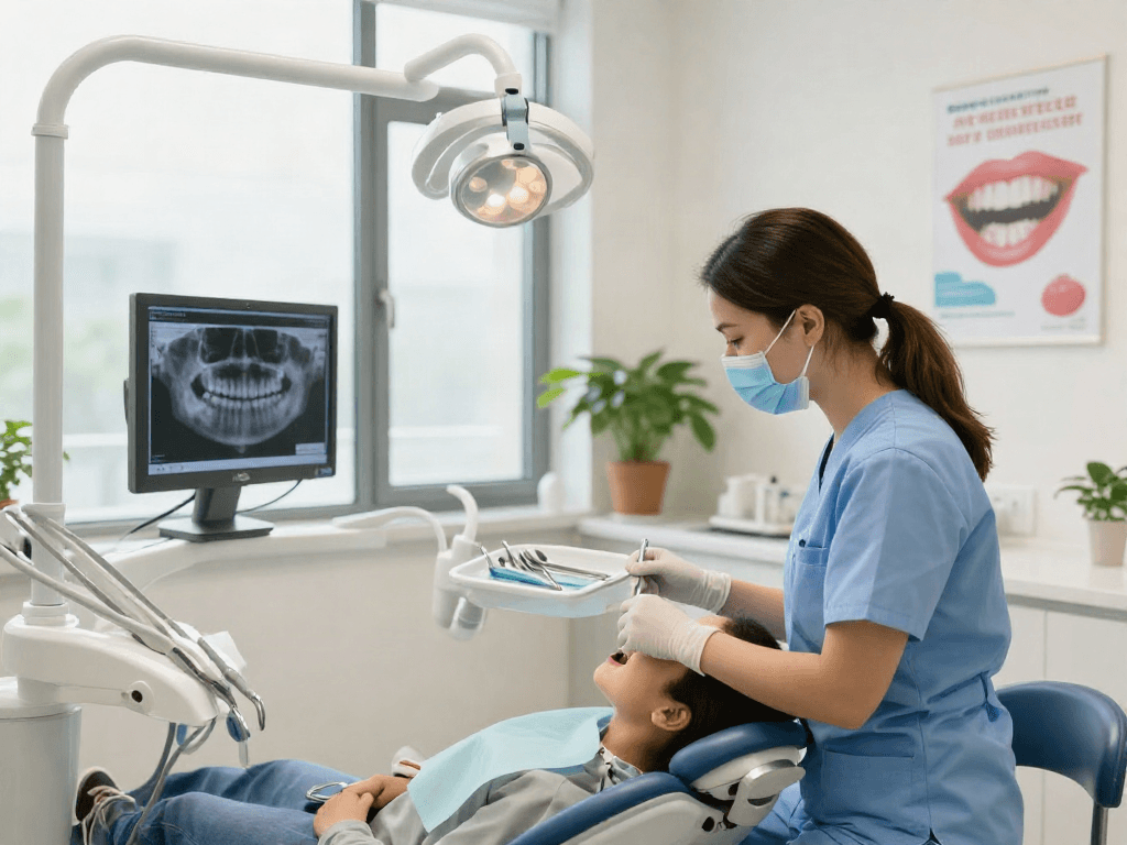 Wisdom teeth removal Newport Beach in a welcoming dental office, patient in chair with tools nearby, creating a comfortable experience.