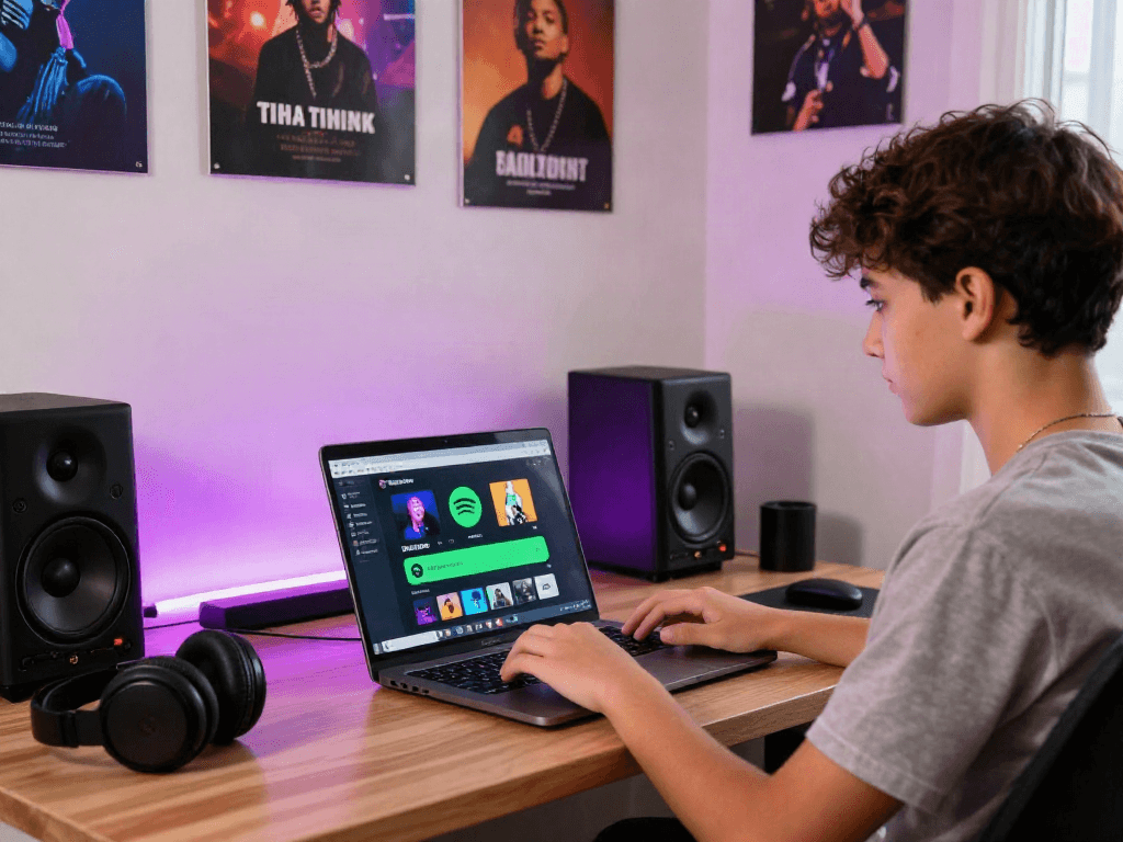 A teenager exploring spotify mod apps on a laptop in a vibrant home entertainment setup.