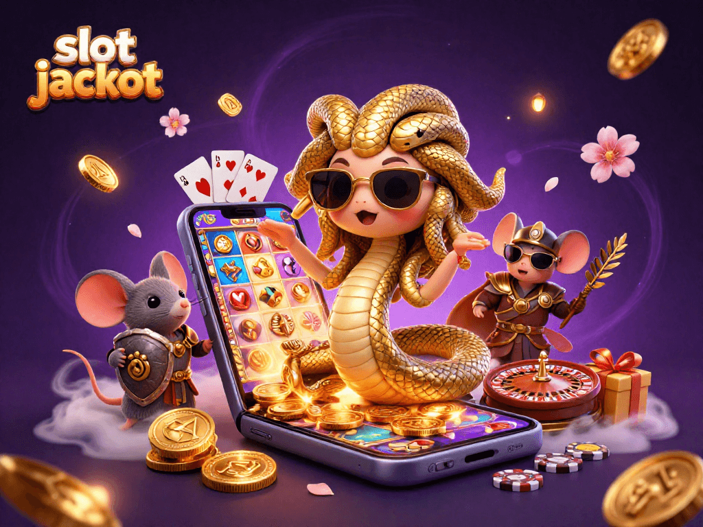 Mainkan slot jackpot dengan karakter Medusa dan mouse pahlawan dalam suasana kasino yang meriah