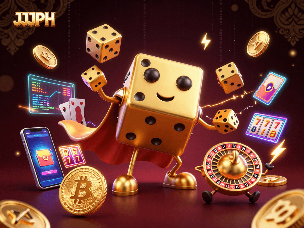 Engage in thrilling gaming action with JJJPH's vibrant 3D casino illustration showcasing an exciting golden dice golem.