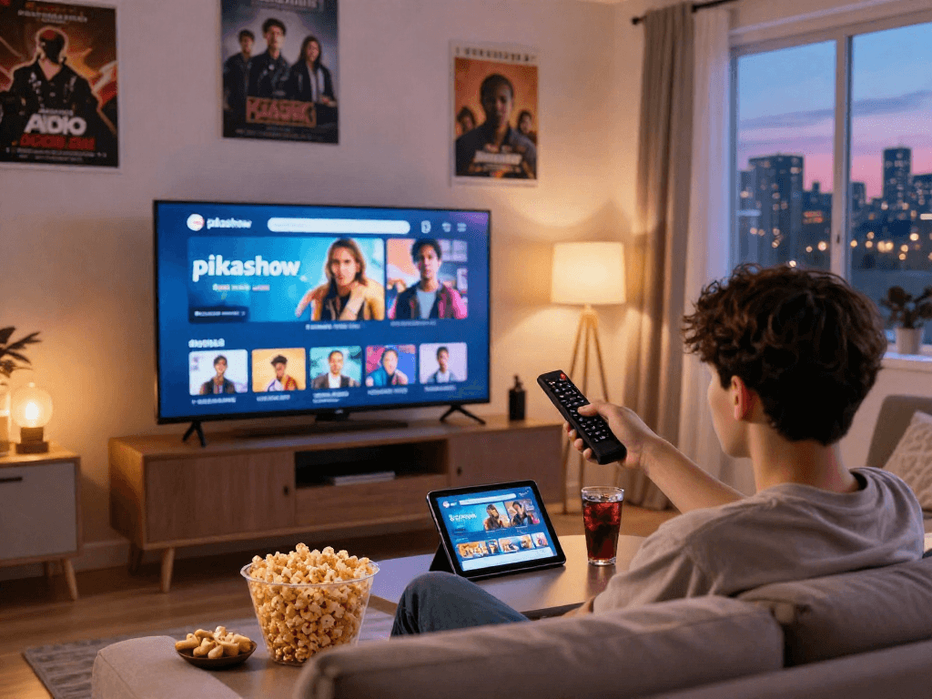 User enjoying pikashow streaming in a cozy living room with snacks and a warm ambiance.