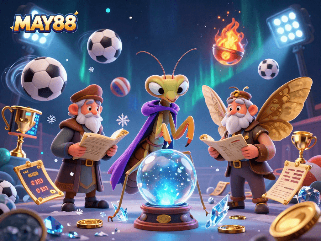MAY88 captures the excitement of sports betting with a vibrant scene featuring a fortune teller and oracles.