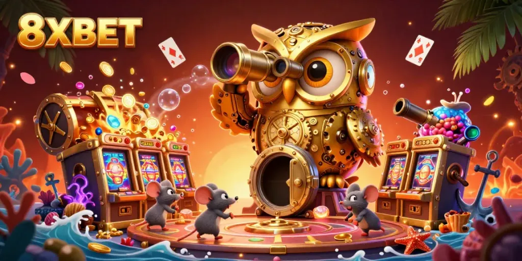 Engage in exciting gameplay at 8XBET as animated characters interact on a vibrant casino floor.