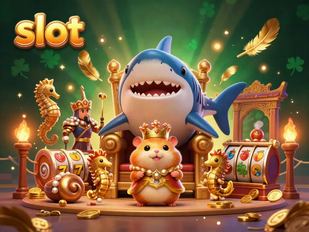 Experience the thrill of slot games with a majestic golden hamster king surrounded by vibrant casino elements.