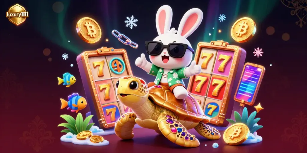 Engage in thrilling slot gaming with luxury111's vibrant illustration of a lucky rabbit and golden turtle.
