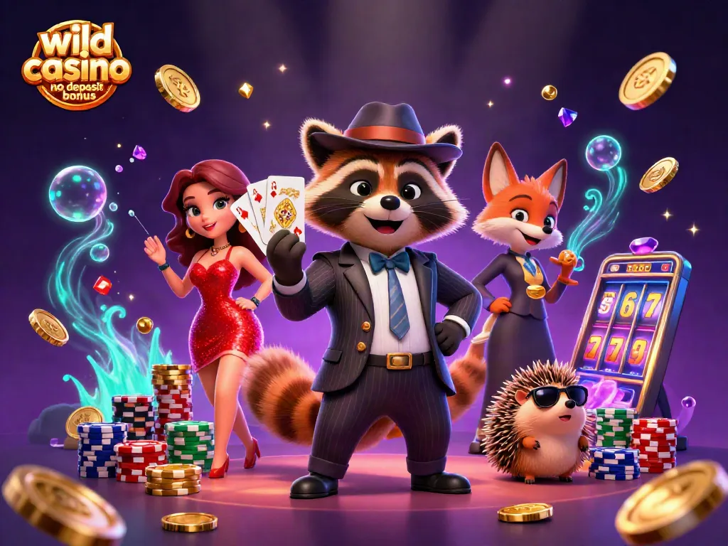 Experience the excitement of the wild casino no deposit bonus with a charming raccoon and fox amidst vibrant casino elements.