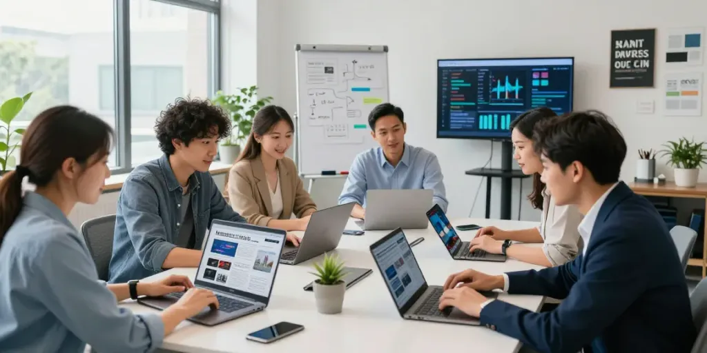 Diverse team analyzing insurtech news today in a modern office workspace filled with light and innovative tools.