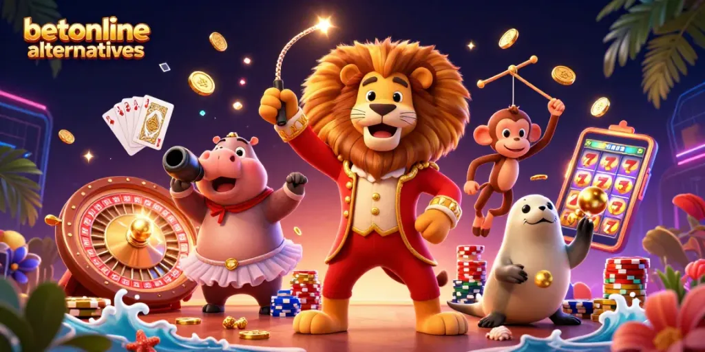 Immerse in the world of betonline alternatives with a vibrant 3D circus scene showcasing lively casino characters and games.
