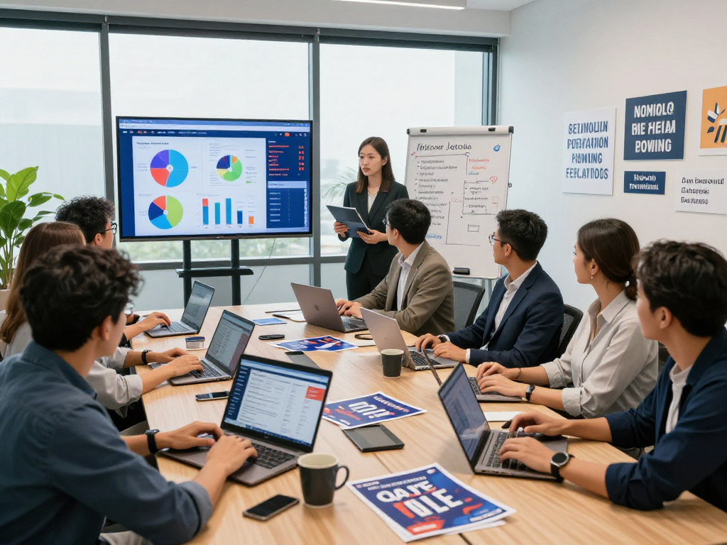 Harness online reputation management for candidates during a political strategy meeting, analyzing data and voter insights with a diverse team.