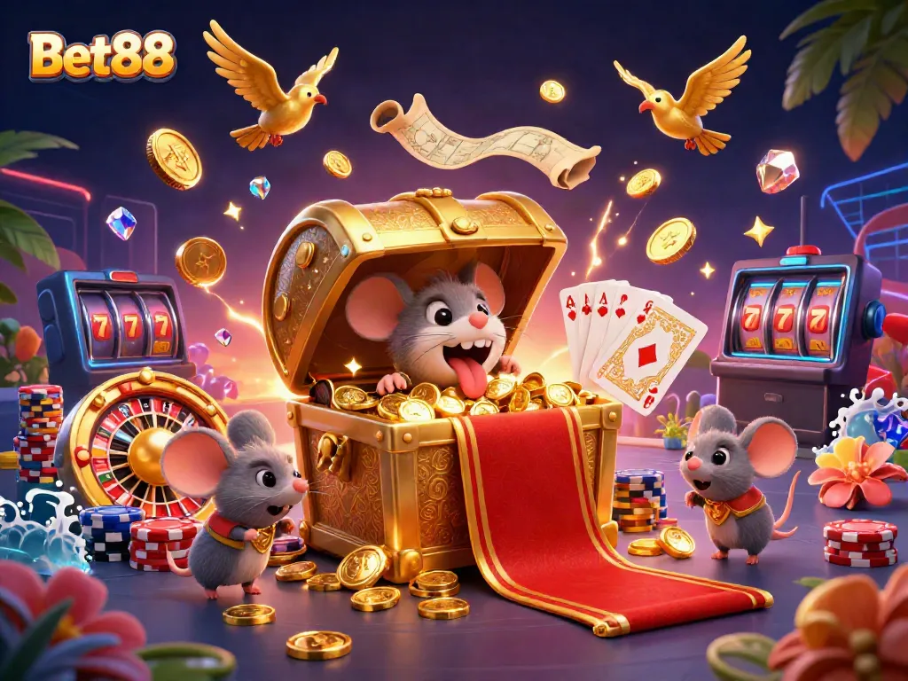 Bet88 treasure chest lure with adventurer mice and casino elements in an exciting scene.