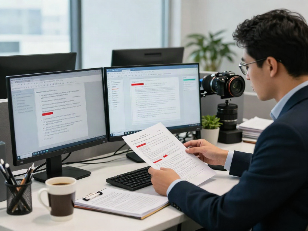 Analyzing document fraud detection software in a modern office setting.