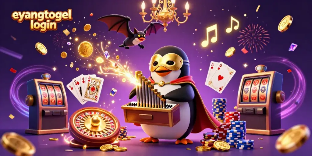 Experience eyangtogel login excitement with a penguin organist and acrobat in a casino celebration.