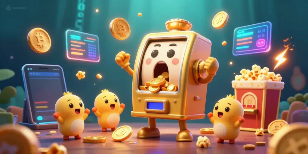 Experience the excitement of qqmacan as a joyful slot machine celebrates a jackpot win amidst vibrant casino elements.