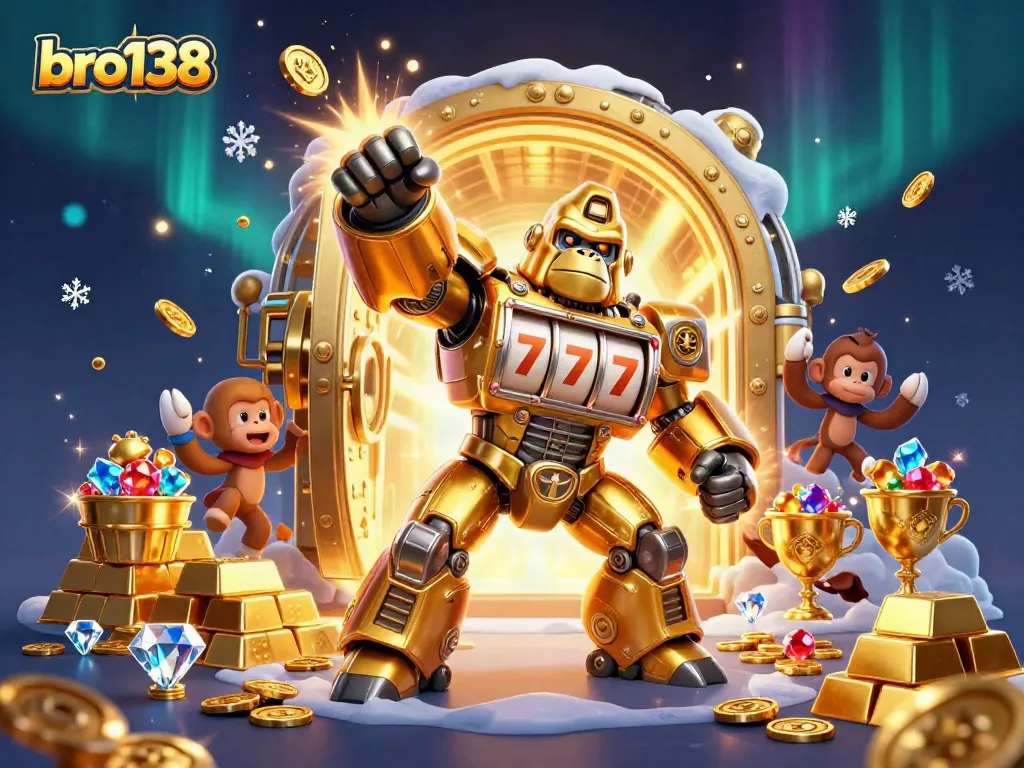 Experience the thrill of bro138 with an explosive golden gorilla mech and treasures in a vibrant casino scene.
