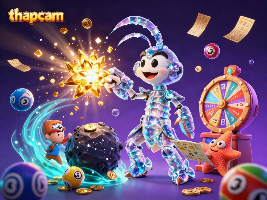Experience intense gambling action with thapcam's vibrant lottery scene featuring colorful balls and golden prizes.