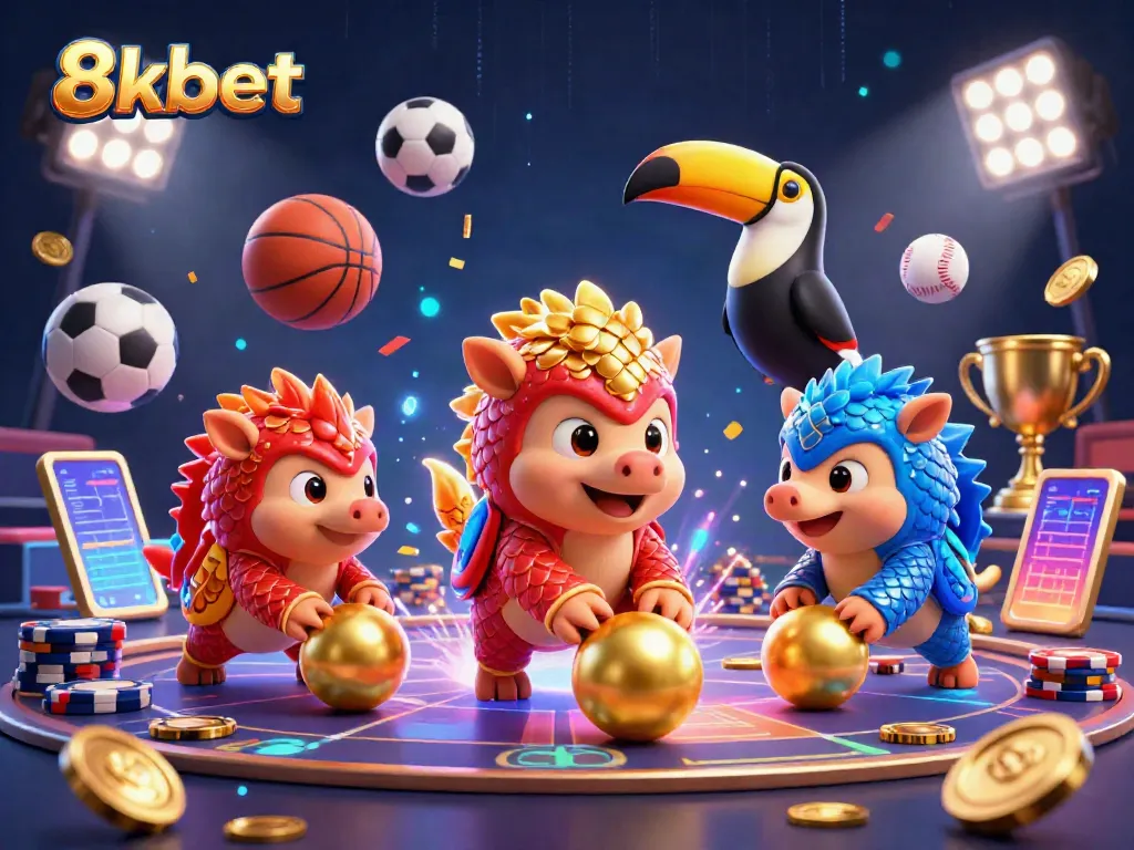 Engage in thrilling gaming adventures at 8xbet's vibrant casino, with dynamic pangolins and a lively referee.