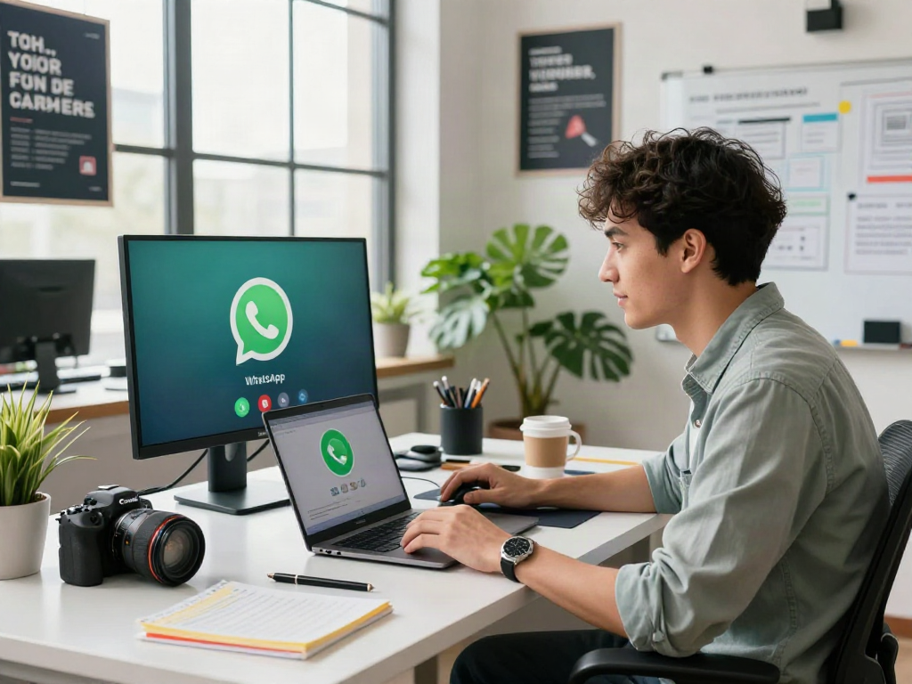 Integrating gb WhatsApp in a modern workspace during a video call, showcasing tech gadgets and a creative atmosphere.