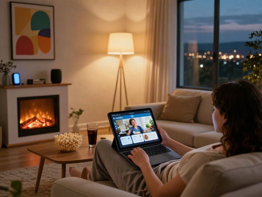 Cocoflix user relaxing in a cozy living room streaming entertainment on tablet