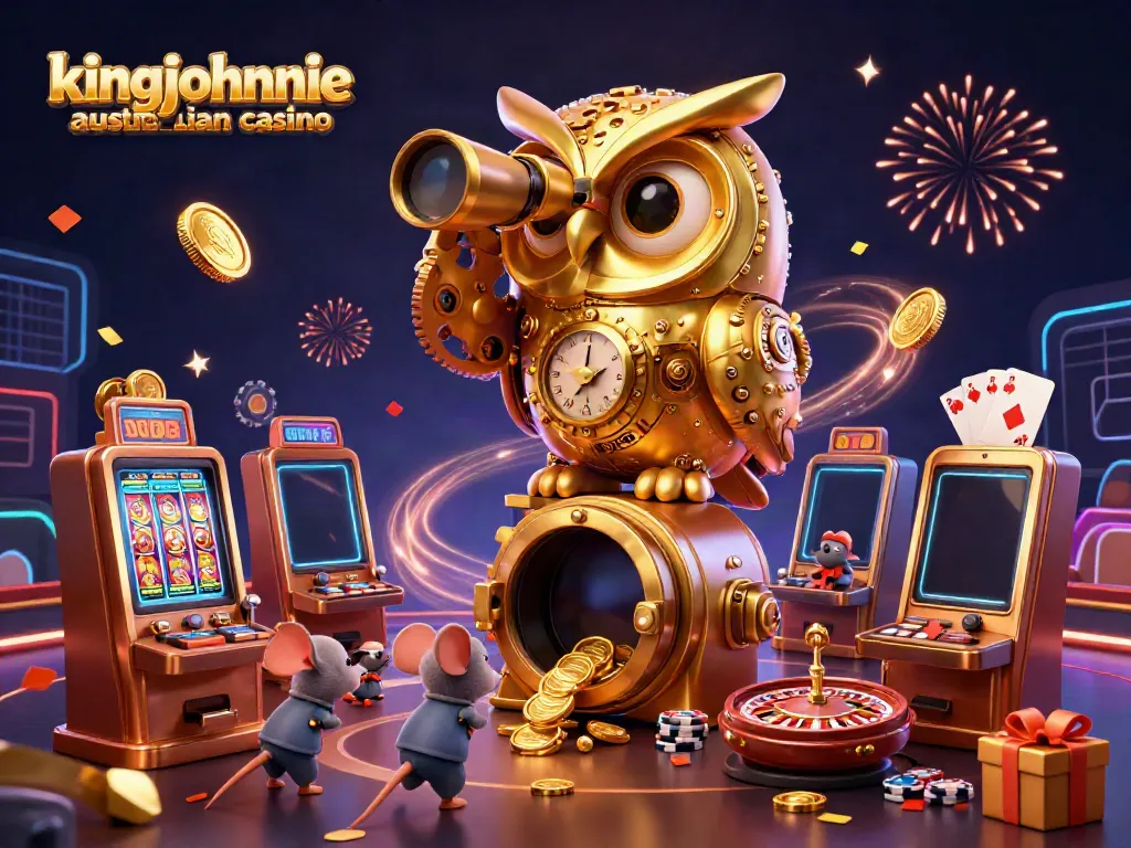 Experience excitement at kingjohnnie australian casino with a 3D owl scene full of gold coins and engaging gaming elements.