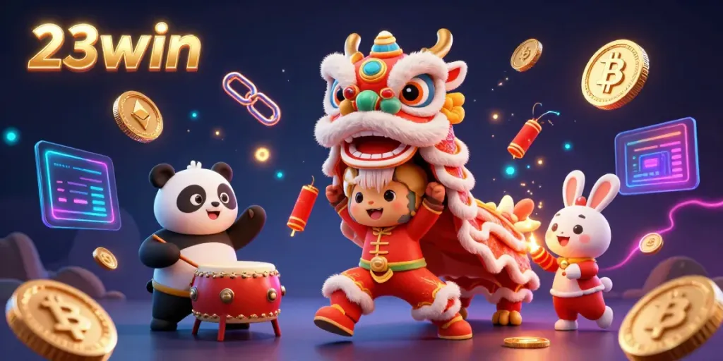 Experience the excitement of the 23win festival featuring colorful characters and glowing crypto elements in a lively casino setting.