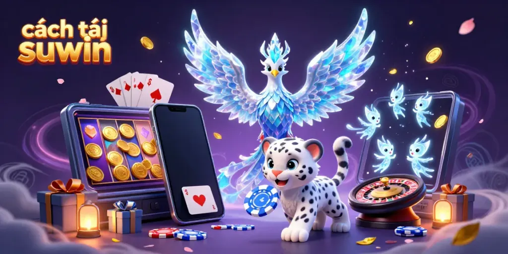 Engage in the exciting world of cách tải suwin with a vibrant illustration featuring a phoenix and gaming elements