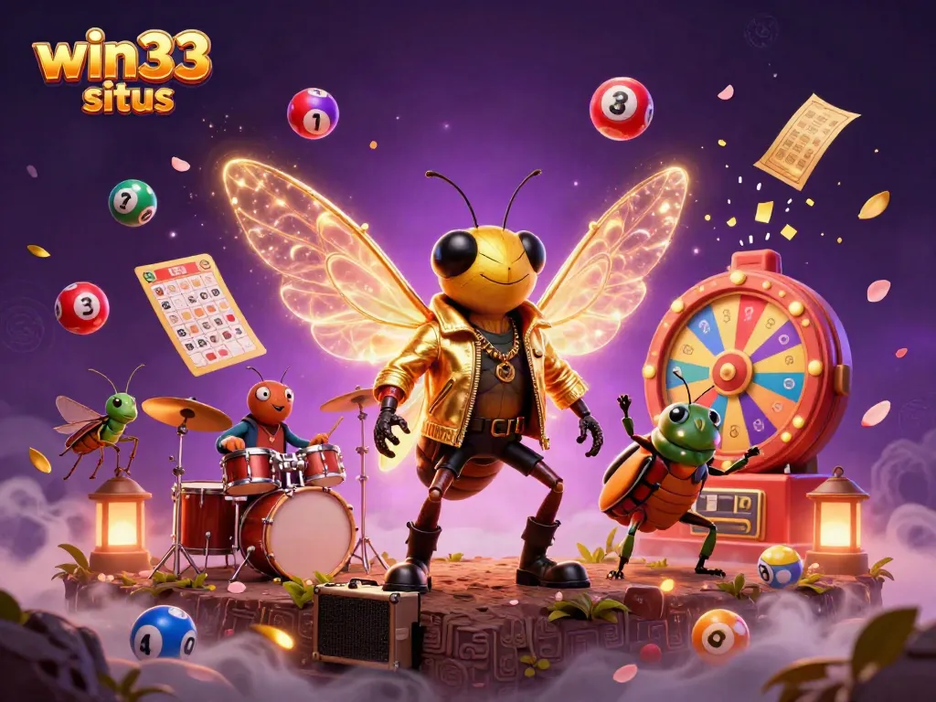 Experience the excitement of win33 situs with a vibrant 3D illustration of a cicada rock star, crickets, and lottery elements.