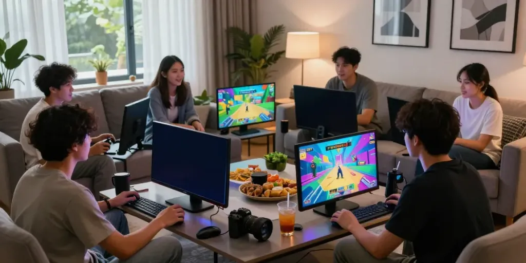 Friends engaging in interactive gaming on a large screen, enjoying CIKA4D in a cozy living room.