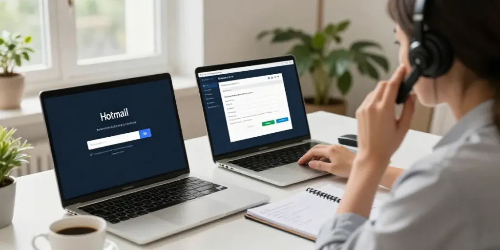 Hotmail support Canada with an expert assisting a user over the phone in a bright home office setting.