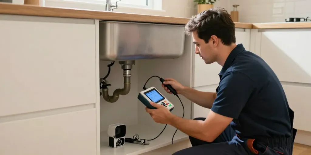Leak Detection & Repair Sydney technician inspecting pipes under a kitchen sink