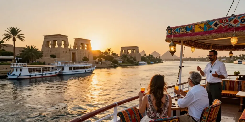 Luxurious Egypt Nile Cruises experience with travelers enjoying sunset views on a traditional boat, surrounded by ancient temples.