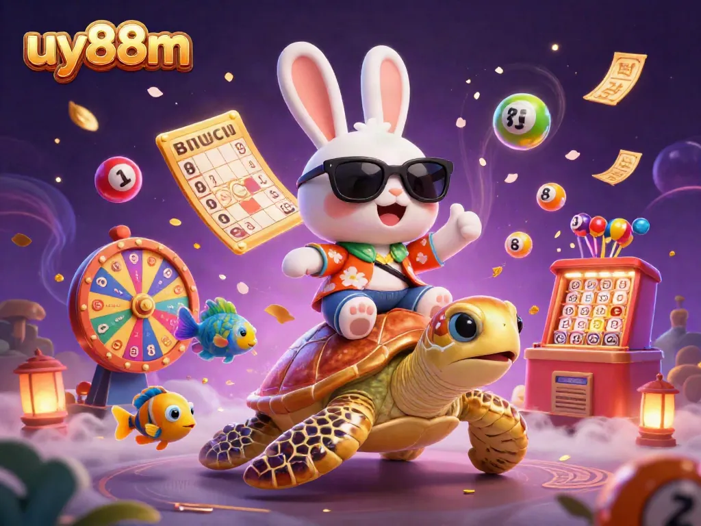 Join the luck with uy88m, featuring a cheerful rabbit and a golden turtle amidst vibrant lottery elements.