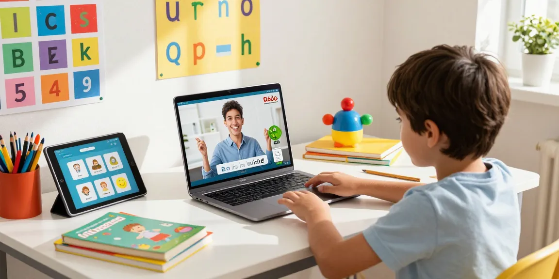 Child engaging in English online for kids during interactive lesson with tutor.